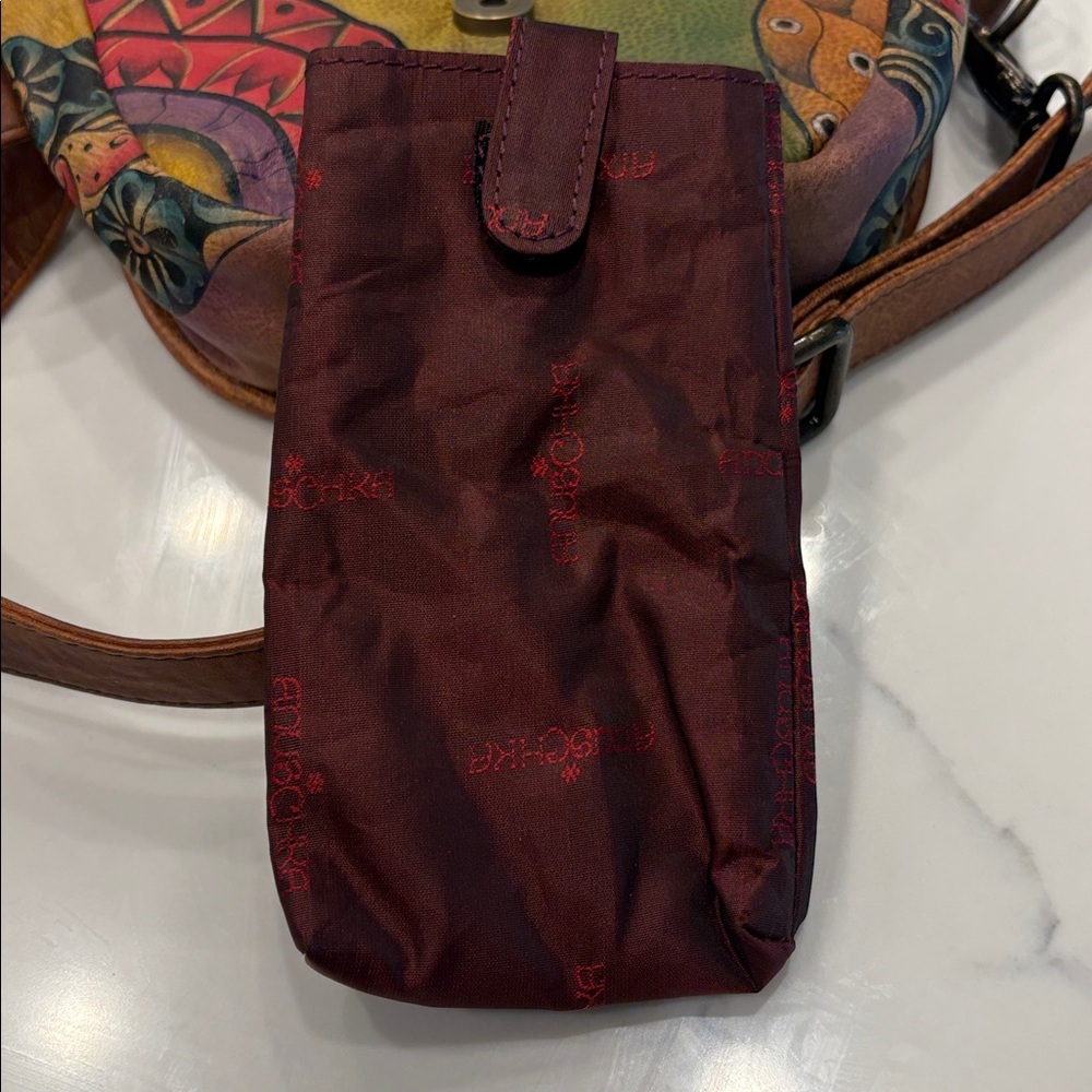 ANUSCHKA genuine leather flap shoulder bag hand painted colorful artsy brown - Picture 14 of 16